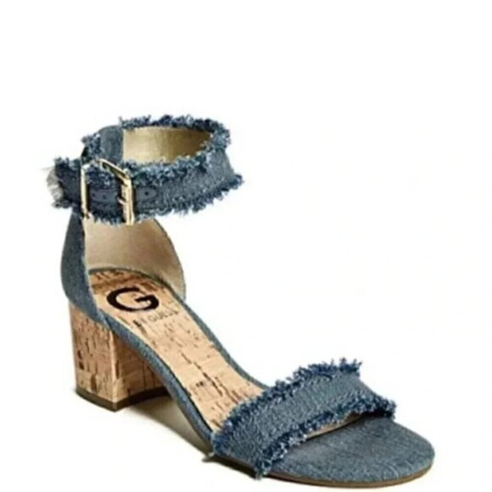 G By Guess Frayed Denim Sandal Heel Chunky Cork Heel Open Toe Size 8.5